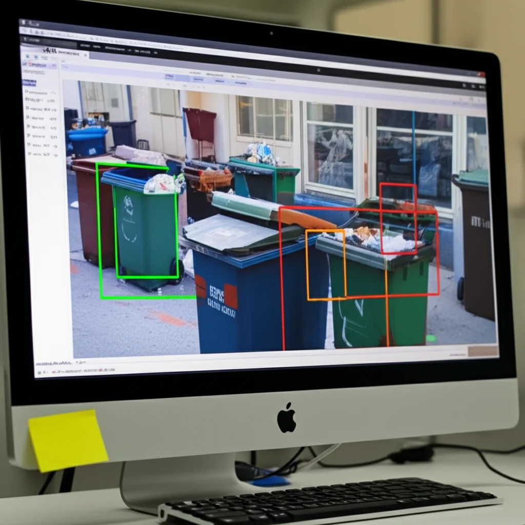 Schermo di un computer che mostra un'interfaccia software di intelligenza artificiale con riquadri di rilevamento colorati (bounding box) su un'immagine live di un'area con diversi cassonetti, alcuni pieni, altri con rifiuti esterni. Obiettivo da 50mm, profondità di campo per mettere a fuoco i dettagli dell'interfaccia e dei riquadri, illuminazione da ufficio.