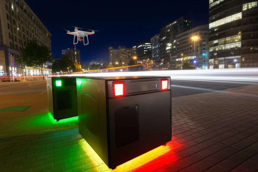 Un paesaggio urbano notturno di una smart city, con cassonetti intelligenti che emettono una debole luce indicante il loro stato (verde, giallo, rosso). Un drone sorvola l'area, simboleggiando il monitoraggio. Fotografia grandangolare con obiettivo da 18mm, lunga esposizione per enfatizzare le luci e il movimento del drone, messa a fuoco nitida sull'intera scena.