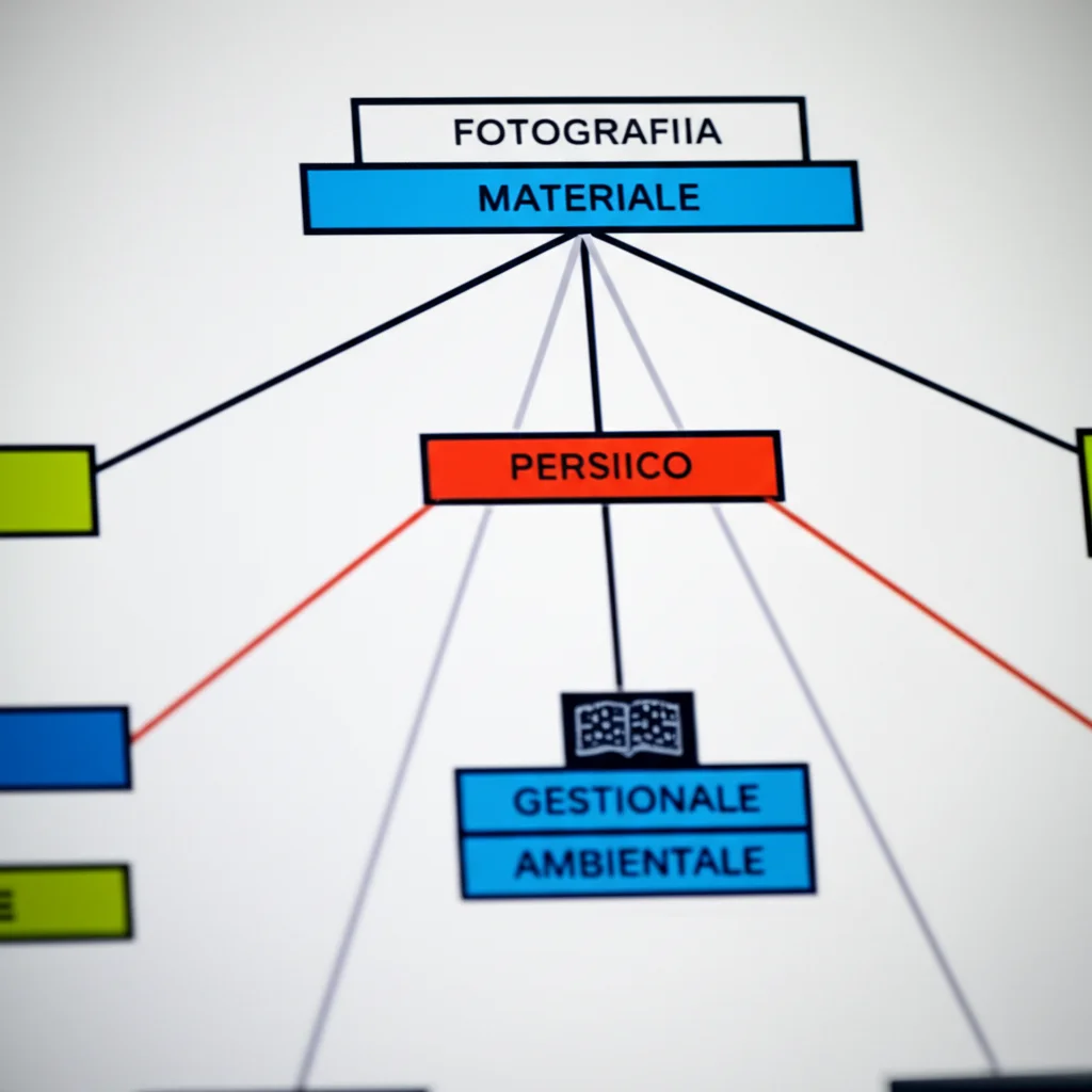 Fotografia macro di un diagramma schematico che illustra le cinque categorie di rischio (Personale, Materiale, Gestionale, Ambientale, Tecnico) con linee che collegano vari sotto-fattori, illuminazione controllata per evidenziare le connessioni, lente macro 70mm, alta definizione dei dettagli testuali e grafici.