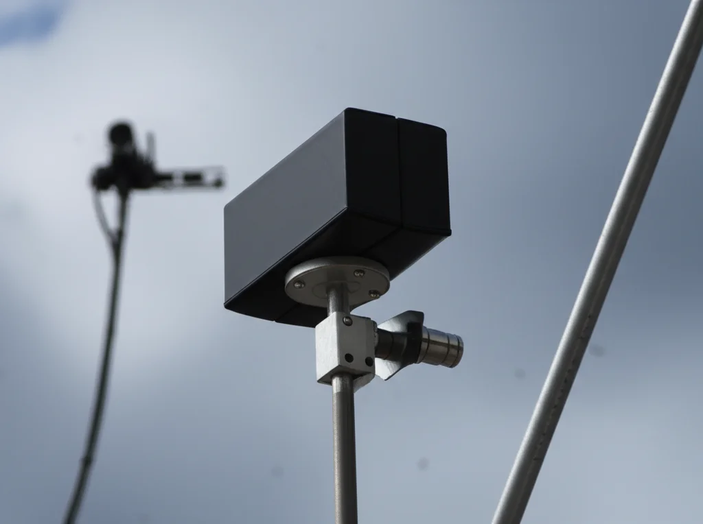 Una foto macro di un'antenna LNB montata su un supporto esterno, con il cielo nuvoloso e forse un accenno di parabola satellitare sullo sfondo. Obiettivo macro 90mm, alta definizione, illuminazione controllata per evidenziare i dettagli tecnici del dispositivo e la sua texture.