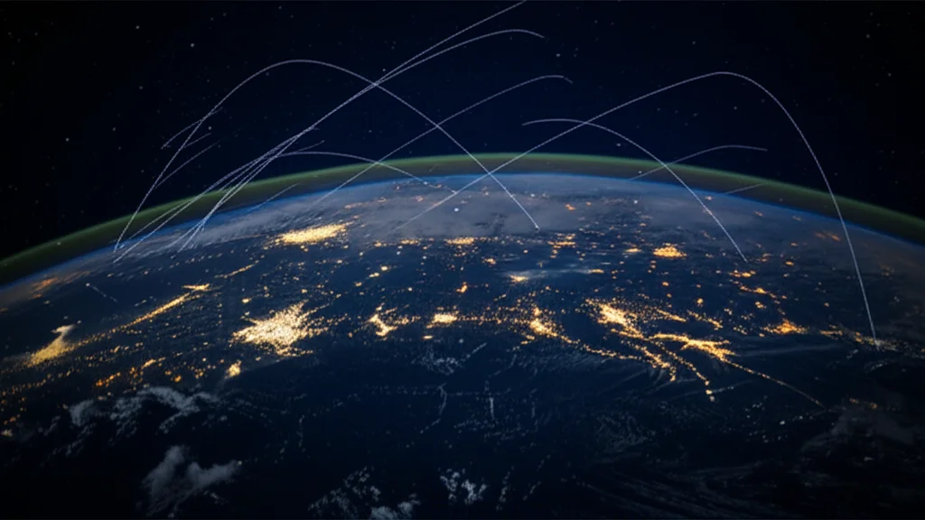 Visualizzazione 3D fotorealistica di una costellazione di satelliti LEO, come Starlink, che orbitano attorno al globo terrestre. La Terra è dettagliata con nuvole e luci cittadine. I satelliti emettono deboli fasci di segnale verso il basso. Obiettivo grandangolare 10mm, lunga esposizione per mostrare le scie orbitali, focus nitido sulla Terra e sui satelliti più vicini.