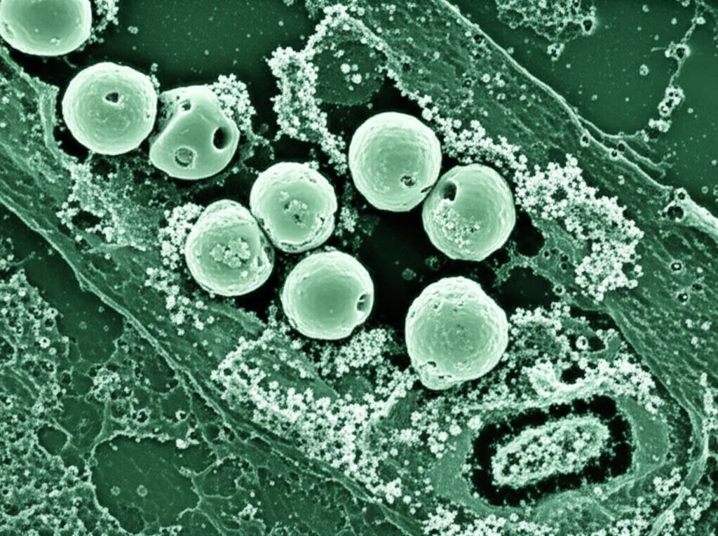 Immagine al microscopio elettronico ad alta risoluzione che mostra vescicole ATG9A (cerchiate o evidenziate) all'interno di una cellula, con particelle di galectina-9 (magari visualizzate con immunogold) al loro interno o in procinto di essere caricate. Macro lens, 60mm, high detail, precise focusing, controlled lighting, duotone verde e magenta per distinguere le strutture.