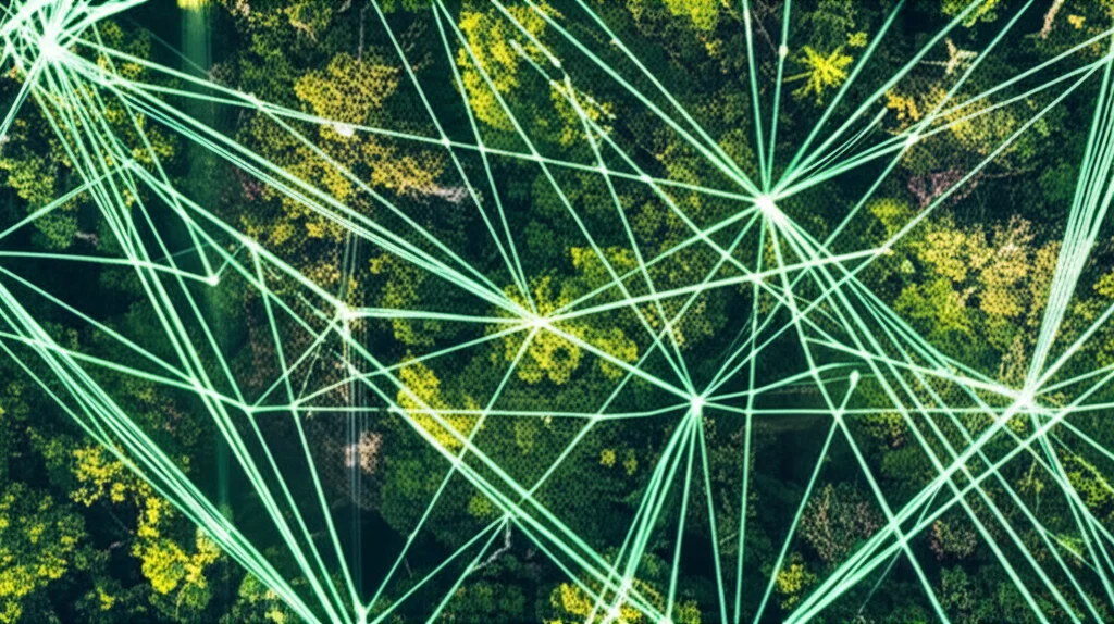 Una visualizzazione astratta di reti globali che si sovrappongono a una lussureggiante foresta vista dall'alto, illuminazione drammatica, obiettivo macro da 90mm per evidenziare i dettagli delle foglie e dei nodi della rete, high detail, precise focusing.