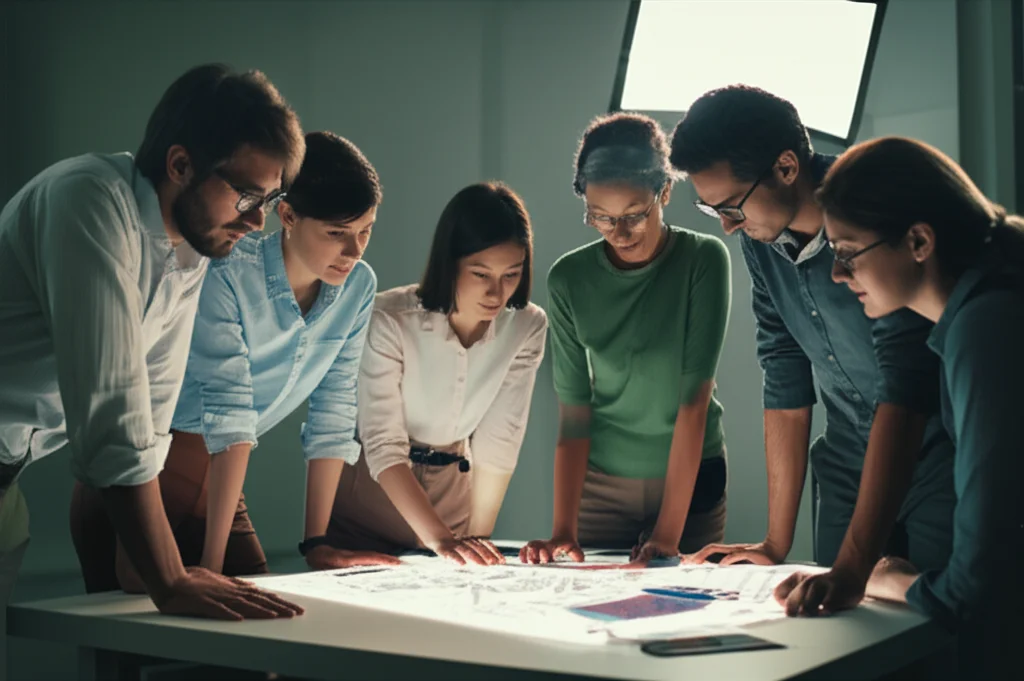 Un gruppo eterogeneo di ricercatori chini su un tavolo luminoso, analizzando mappe forestali e grafici di dati, luce da studio controllata, obiettivo prime da 35mm per un ritratto di gruppo con profondità di campo, atmosfera di collaborazione intensa.