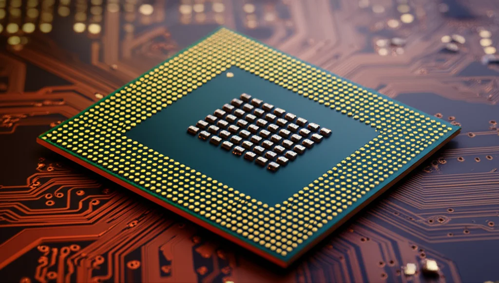 Primo piano di un chip di processore per intelligenza artificiale montato su un circuito stampato, con luci LED che indicano attività. Macro lens 100mm, high detail, precise focusing, controlled lighting per evidenziare la complessità tecnologica.