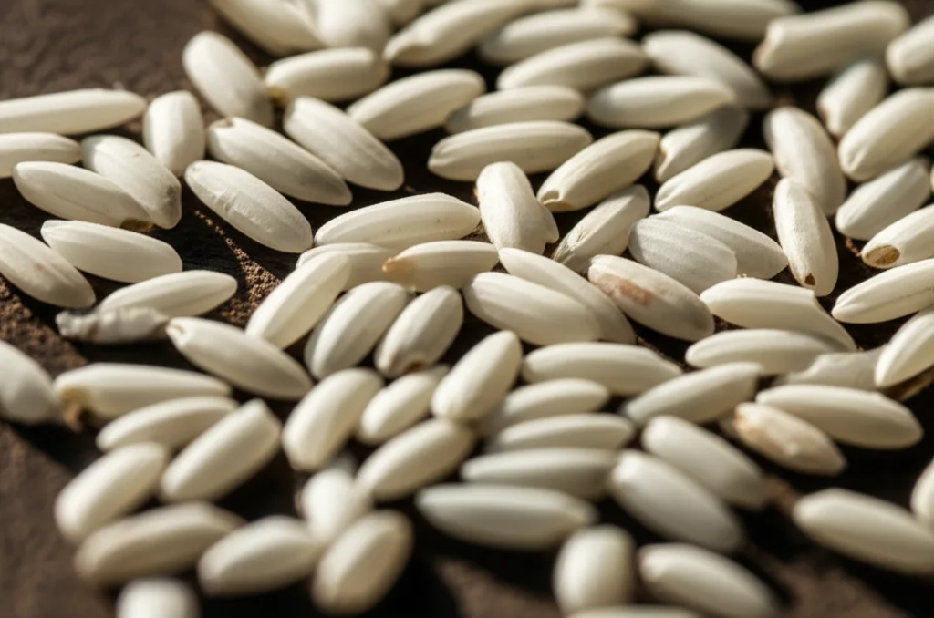 Fotografia macro di chicchi di riso (Oryza sativa) su una superficie scura, illuminati lateralmente per evidenziare la texture e i dettagli. Obiettivo macro 100mm, high detail, precise focusing, controlled lighting, a simboleggiare la complessità e il valore nutritivo del riso.