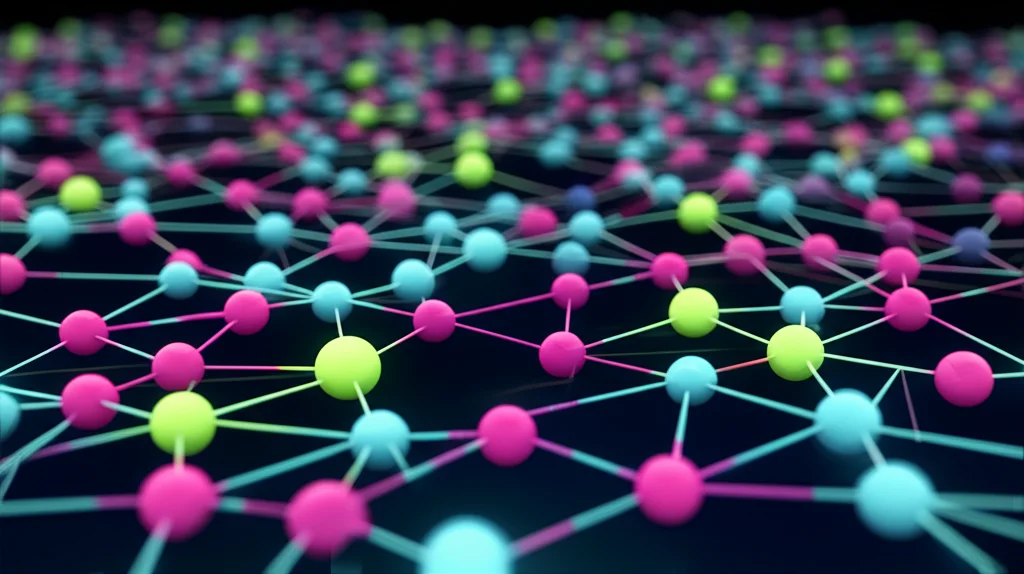 Visualizzazione 3D astratta di una rete proteica complessa, con nodi luminosi di diverse dimensioni che rappresentano proteine hub (più grandi) e altre proteine (più piccole). Le connessioni tra i nodi formano sottomoduli colorati. Sfondo scuro high-tech, colori neon, sharp focus, a simboleggiare l'analisi dei sottomoduli e degli hub proteici.