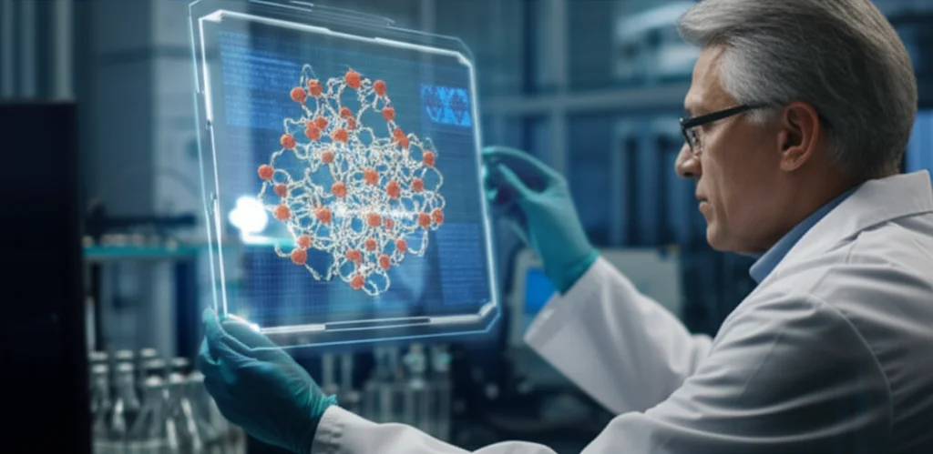 Un ricercatore in un laboratorio high-tech osserva un modello molecolare di una proteina hub su uno schermo olografico. L'ambiente è moderno e pulito, con attrezzature scientifiche visibili sullo sfondo. Portrait photography, 35mm, depth of field, illuminazione controllata, a simboleggiare la ricerca avanzata e la scoperta di proteine chiave.