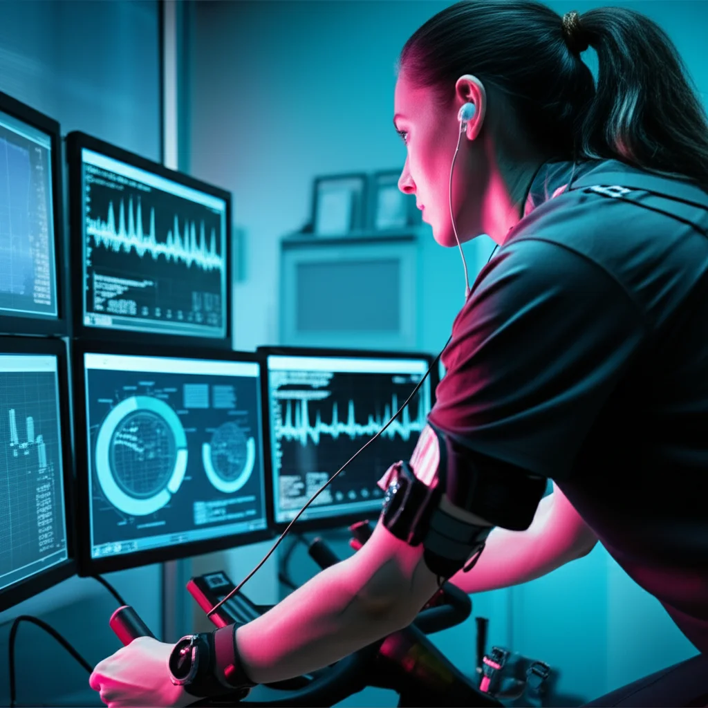 Atleta su cyclette in un laboratorio high-tech, indossa auricolari Hera Leto e altri sensori. Grafici di frequenza cardiaca visibili su schermi. Obiettivo prime, 35mm, profondità di campo, duotone ciano e magenta per un look futuristico.