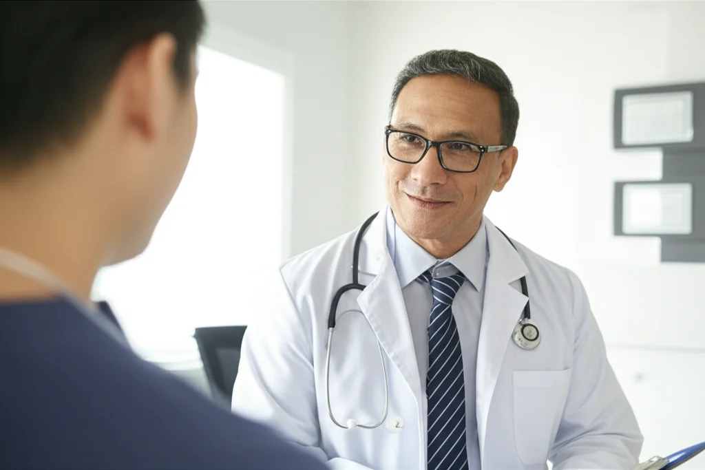 Un ritratto fotografico di un consulente sanitario filippino che parla con un paziente in una clinica luminosa e accogliente nelle Filippine. Obiettivo da 35mm, luce naturale soffusa, profondità di campo per mettere a fuoco i soggetti, colori caldi e rassicuranti.