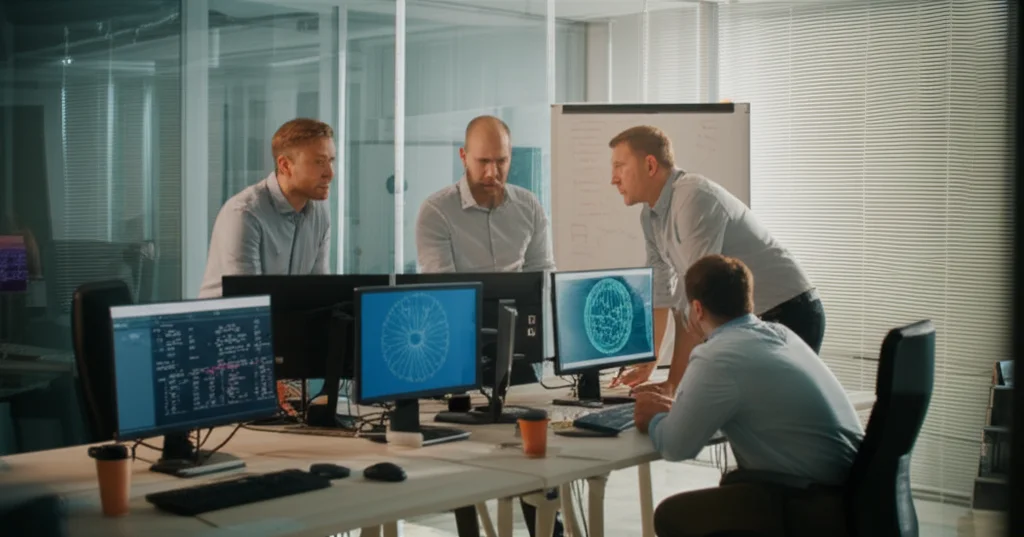 Un team di data scientist in un ambiente moderno e luminoso che discute davanti a schermi con grafici complessi di machine learning, obiettivo da 24mm per un ampio angolo di visuale, luce naturale, dettagli nitidi.