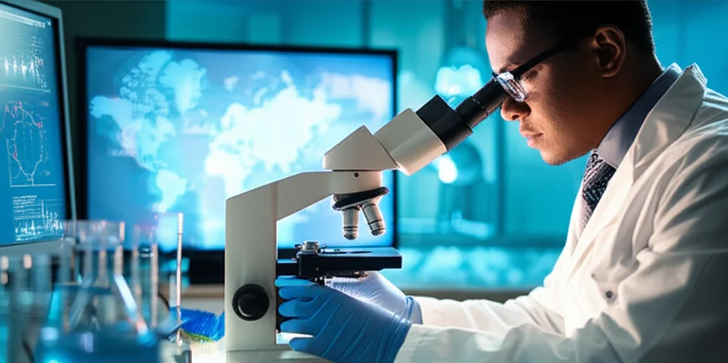 Un ricercatore in un laboratorio africano osserva campioni di sangue al microscopio, con grafici di dati genetici e mappe dell'Africa proiettati su uno schermo sullo sfondo. Obiettivo prime 35mm, illuminazione da laboratorio controllata, focus sul ricercatore e il microscopio.