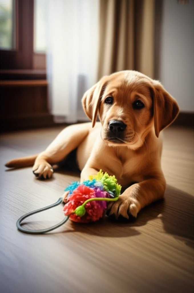 Un cucciolo di Labrador color miele, di circa 12 settimane, osserva con curiosità un giocattolo animatronico colorato a terra in una stanza luminosa. Macro lens, 60mm, high detail, precise focusing, controlled lighting.