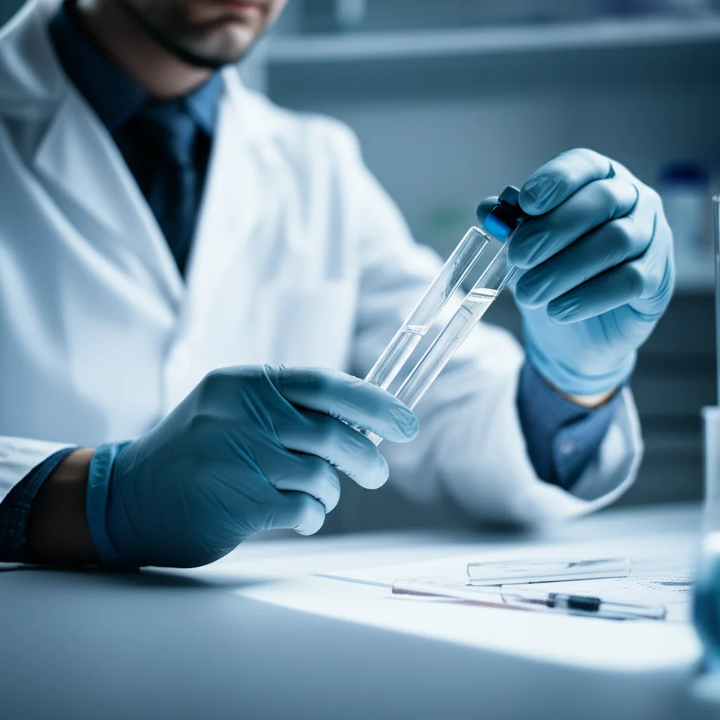 Un veterinario esamina con attenzione due provette, una contenente un campione di siero sanguigno e l'altra un tampone salivare, su un tavolo da laboratorio illuminato. Prime lens, 35mm, depth of field, duotone blu e grigio.