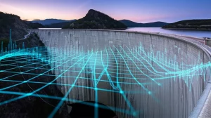 Fotografia paesaggistica, obiettivo grandangolare 18mm, di un'imponente diga ad arco in cemento al tramonto. Sovrapposta in modo sottile, una griglia di dati tridimensionale luminosa blu e ciano che sembra emanare dalla struttura e analizzarne le vibrazioni. Acqua calma nel bacino riflette il cielo colorato. Messa a fuoco nitida su tutta la scena, lunga esposizione per nuvole soffici e acqua liscia.