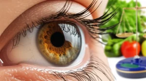 Immagine concettuale che rappresenta la salute degli occhi e la perdita di peso. Un occhio umano sano in primo piano, 60mm macro lens, con una bilancia e verdure fresche sfocate sullo sfondo, high detail, precise focusing, controlled lighting, a simboleggiare il legame tra peso e retinopatia diabetica.