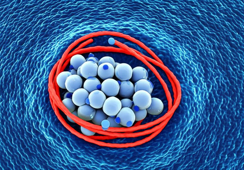 Immagine concettuale della fibrosi orale sottomucosa, visualizzando l'interazione tra la proteina PDGF-BB (sfere blu) che riduce l'RNA circolare circHIPK3 (anello rosso) all'interno di un fibroblasto (contorno cellulare), obiettivo macro 85mm, alta definizione, illuminazione drammatica controllata per evidenziare le molecole chiave.