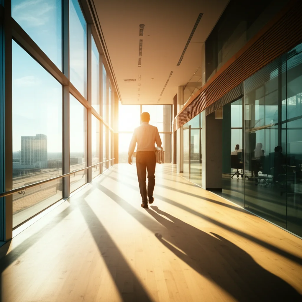 Immagine concettuale dell'Employee Experience: una persona stilizzata che percorre un sentiero luminoso e accogliente all'interno di un ambiente di lavoro astratto che simboleggia le diverse fasi e interazioni della sua carriera, wide-angle 24mm, colori caldi e positivi, focus nitido sul percorso.