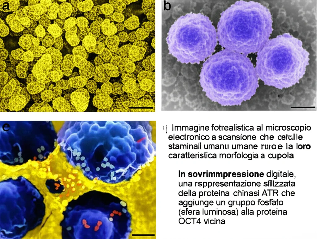 Immagine fotorealistica al microscopio elettronico a scansione che mostra cellule staminali umane naïve con la loro caratteristica morfologia a cupola. In sovrimpressione digitale, una rappresentazione stilizzata della proteina chinasi ATR che aggiunge un gruppo fosfato (sfera luminosa) alla proteina OCT4 vicina. Dettaglio elevato delle strutture cellulari, illuminazione drammatica laterale, colori scientifici realistici.