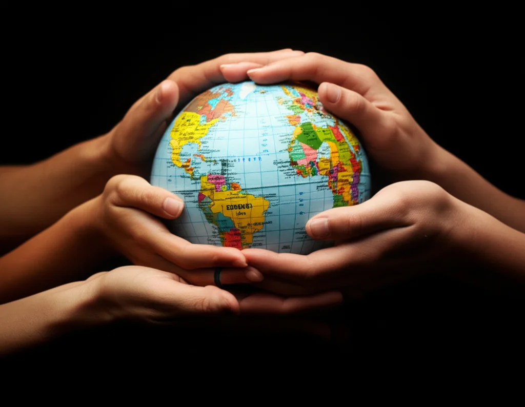 Mappamondo stilizzato fatto di mani diverse che si aiutano e offrono doni, fotografia still life, obiettivo macro 85mm, illuminazione drammatica controllata, alta definizione, colori caldi e avvolgenti, sfondo scuro uniforme.