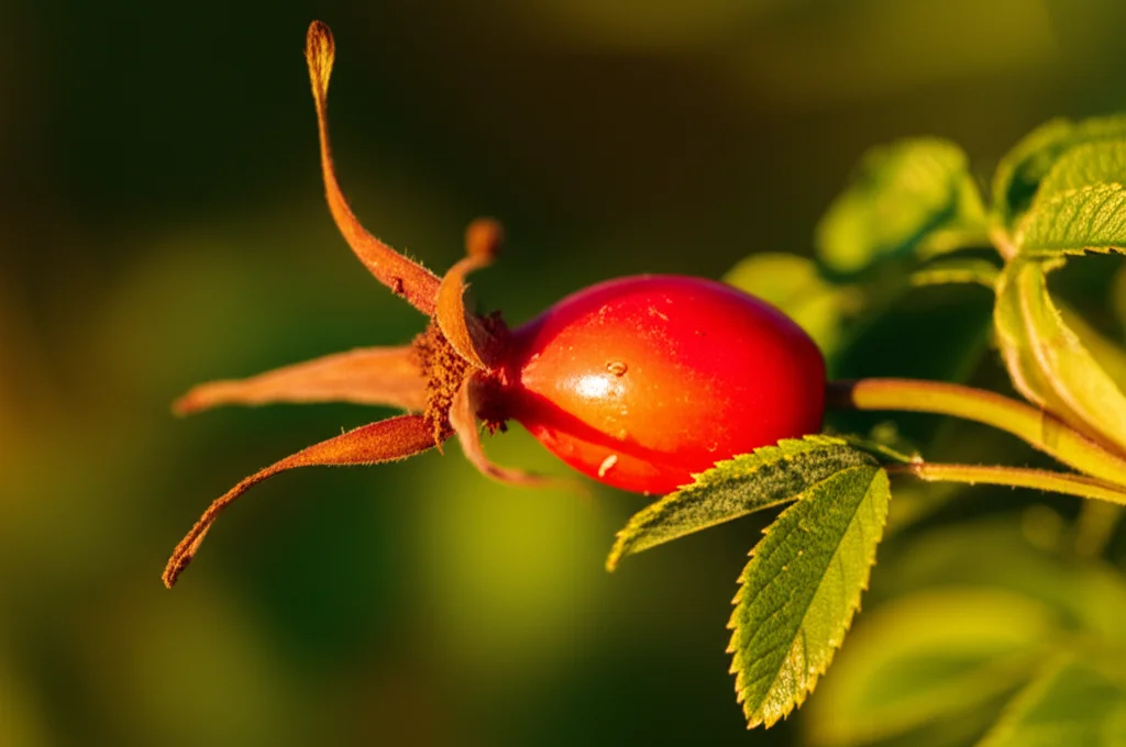 Primo piano di un frutto spinoso di Rosa laevigata maturo su un ramo, obiettivo macro 100mm, dettagli nitidi delle spine e della superficie del frutto, luce naturale laterale, alta definizione, messa a fuoco precisa.