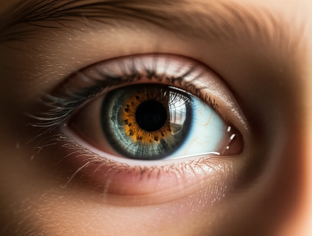Primo piano fotorealistico dell'occhio di un bambino miope durante un esame OCTA, 35mm portrait, profondità di campo, che mostra la tecnologia avanzata utilizzata per studiare il flusso sanguigno coroideale e la progressione della miopia.
