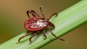 Primo piano macro di una zecca Rhipicephalus microplus su un filo d'erba, obiettivo macro 100mm, alta definizione, illuminazione laterale drammatica per enfatizzare la texture della zecca, sfondo sfocato.