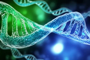 Visualizzazione artistica e fotorealistica di filamenti di DNA e RNA che formano strutture liquide dinamiche simili a gocce, con dettagli molecolari visibili che si intrecciano. Lente macro 105mm, illuminazione drammatica laterale per evidenziare la complessità tridimensionale e la fluidità, con un leggero effetto bokeh sullo sfondo che suggerisce un ambiente cellulare. Colori vibranti come blu elettrico e verde neon per le molecole.