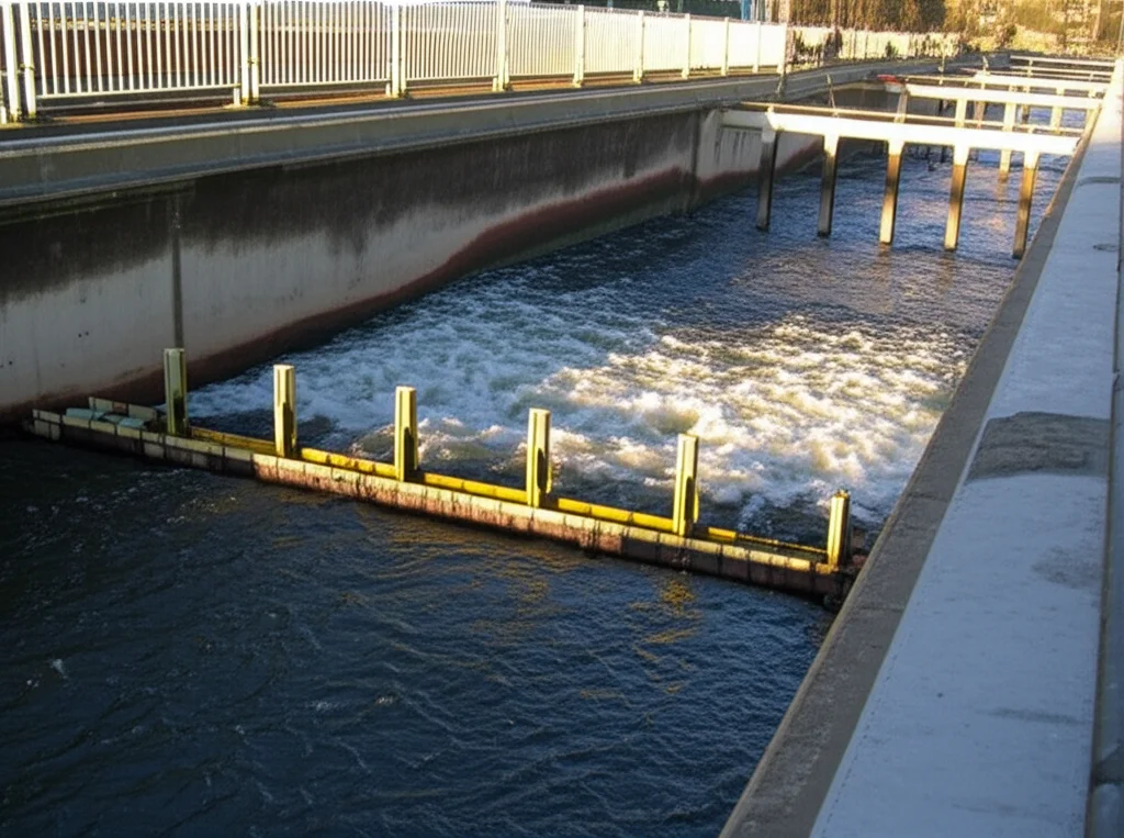 Visualizzazione del flusso d'acqua complesso attorno a piloni di ponte gemelli in un canale a U sperimentale, con palette sommerse visibili a monte. Obiettivo 35mm, stile fotorealistico, profondità di campo che evidenzia l'interazione tra strutture e corrente.