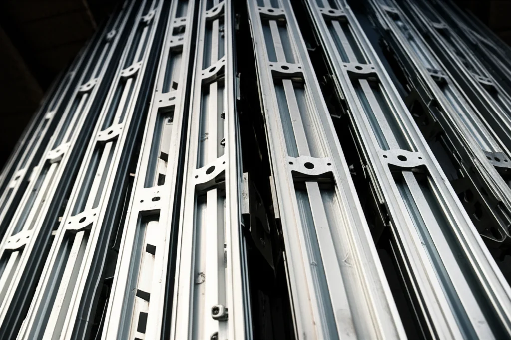 Close-up di pannelli di cassaforma in alluminio leggeri e modulari, pronti per l'assemblaggio in un cantiere di un grattacielo, macro lens, 60mm, alta definizione, illuminazione controllata, con dettagli delle connessioni.