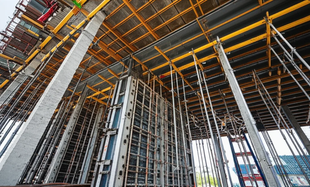 Schema di un sistema di cassaforma a tunnel installato per il getto simultaneo di pareti e solai in un edificio multipiano, wide-angle, 10mm, long exposure per mostrare il processo, focus nitido sulla struttura.