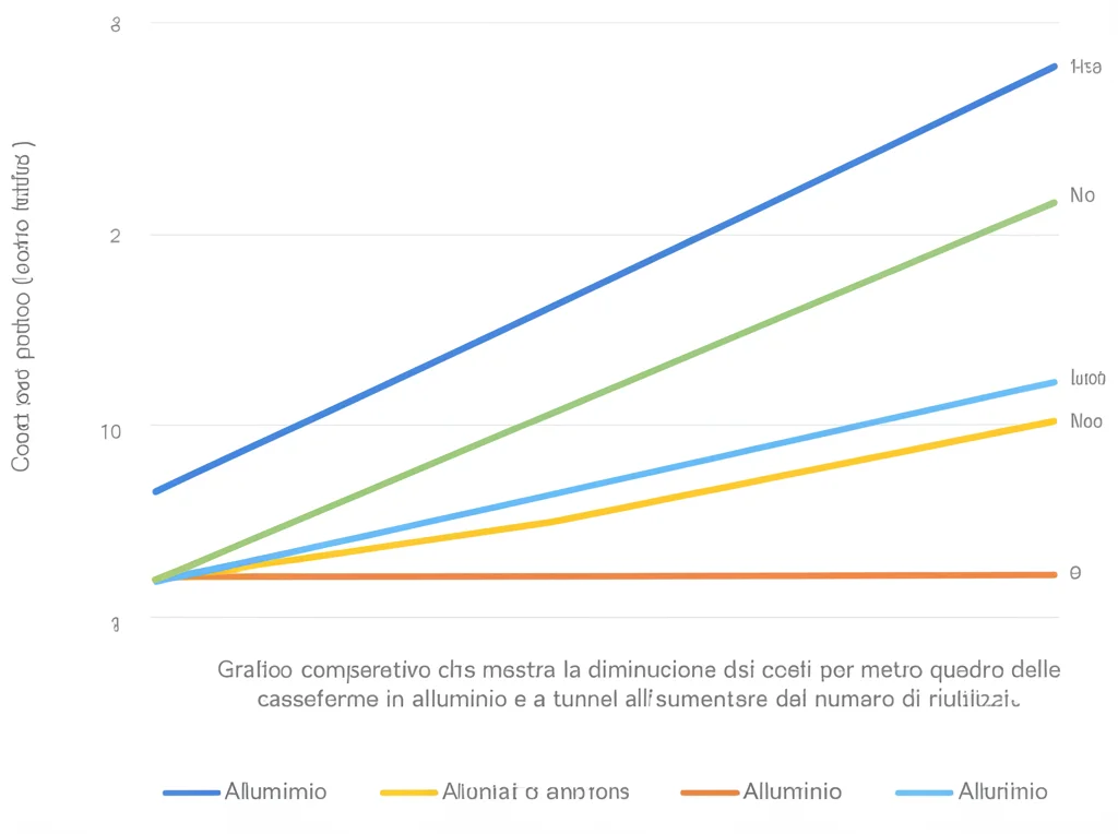 Grafico comparativo che mostra la diminuzione dei costi per metro quadro delle casseforme in alluminio e a tunnel all'aumentare del numero di riutilizzi, con etichette chiare e colori distinti per le due tecnologie, stile infografica.