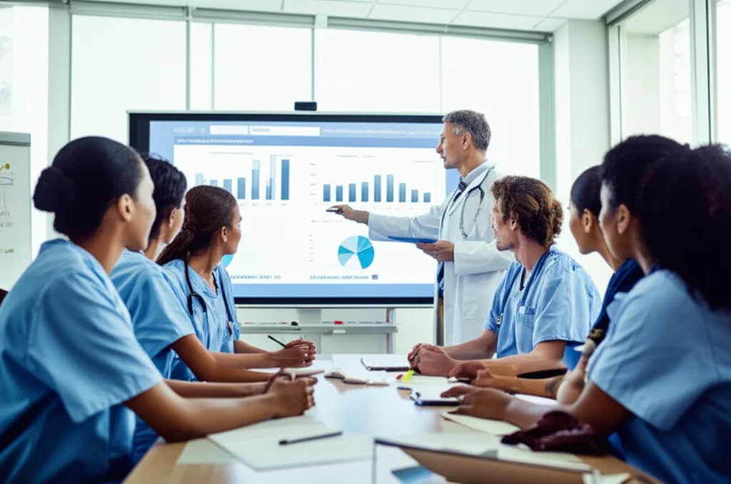 Un gruppo diversificato di infermieri, uomini e donne di età diverse, in divisa, riuniti attorno a un tavolo in una sala riunioni luminosa di un ospedale. Un supervisore, in piedi, indica qualcosa su una lavagna interattiva che mostra grafici e diagrammi. Gli infermieri ascoltano attentamente, alcuni prendono appunti. L'atmosfera è collaborativa e concentrata. Obiettivo prime, 35mm, luce naturale diffusa, per un'immagine realistica e professionale.