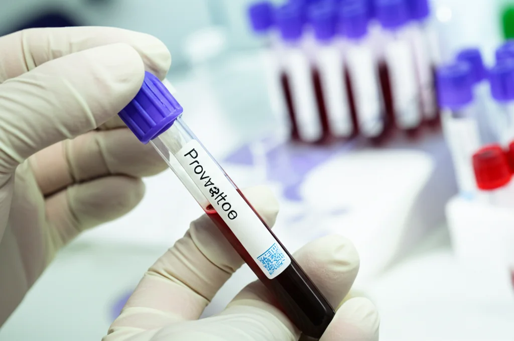 Primo piano di una provetta di sangue tenuta da un tecnico di laboratorio con guanti, con altre provette e attrezzature da laboratorio sfocate sullo sfondo. Illuminazione da laboratorio controllata, lente macro da 90mm per un'alta definizione del campione di sangue.