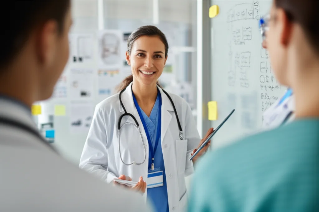 Un'infermiera sorridente, di circa 30 anni, in un ambiente clinico moderno, mentre presenta un'idea innovativa su un tablet a un piccolo gruppo di colleghi e a un medico. Alle sue spalle, una lavagna bianca con appunti e schemi. L'atmosfera è di brainstorming e supporto reciproco. Macro lens, 85mm, per un ritratto di gruppo con focus sull'infermiera che parla, high detail.
