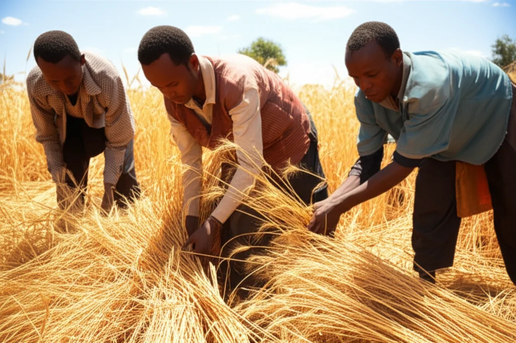 Un gruppo di piccoli agricoltori etiopi, uomini e donne, che collaborano durante la raccolta del grano in un campo soleggiato. Scatto con teleobiettivo zoom 100-400mm per catturare l'azione a distanza, velocità dell'otturatore elevata per congelare il movimento, tracciamento del movimento per mantenere la nitidezza sui soggetti.
