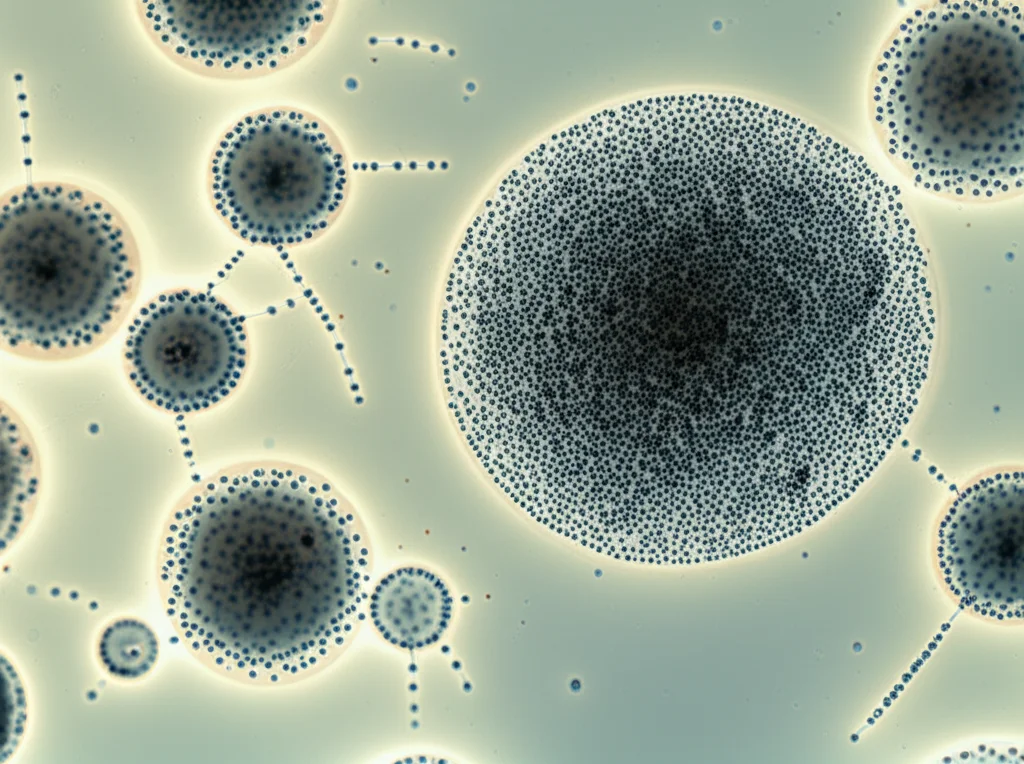 Immagine fotorealistica di neurosfere derivate da cellule del corpo ciliare in una piastra di coltura. Obiettivo macro 100mm, alta definizione, illuminazione controllata da laboratorio, alcune cellule pigmentate visibili all'interno delle sfere fluttuanti nel mezzo di coltura trasparente, con alcune cellule che iniziano a migrare fuori da una sfera, mostrando segni di differenziazione.