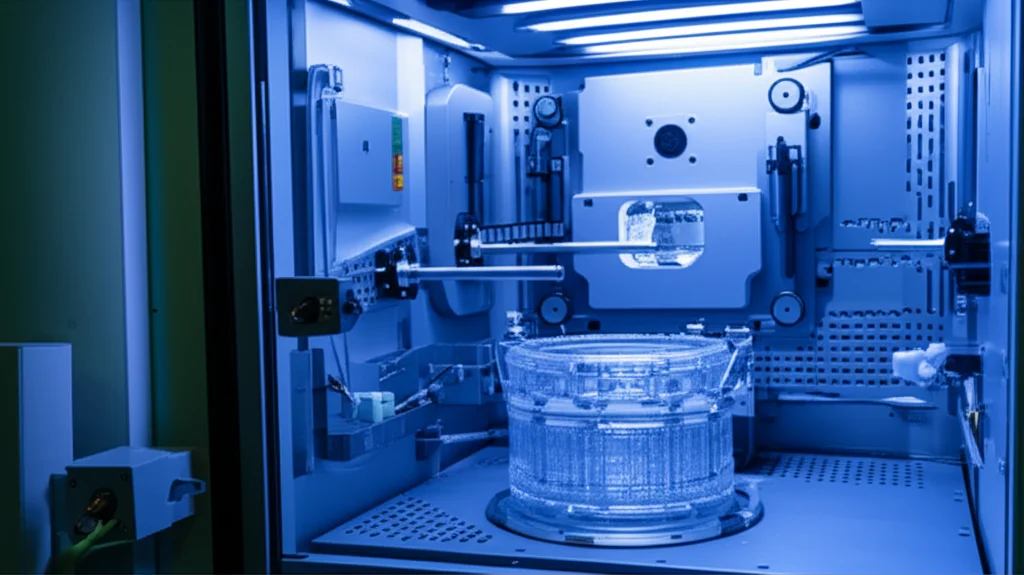 Vista dettagliata di un bioreattore automatizzato BECA-Auto per la coltura cellulare, con meccanismi interni che gestiscono delicatamente un contenitore di coltura BECA-S Closed. Luci LED illuminano l'interno sterile. Macro lens, 100mm, high detail, controlled lighting, atmosfera futuristica, colori freddi.