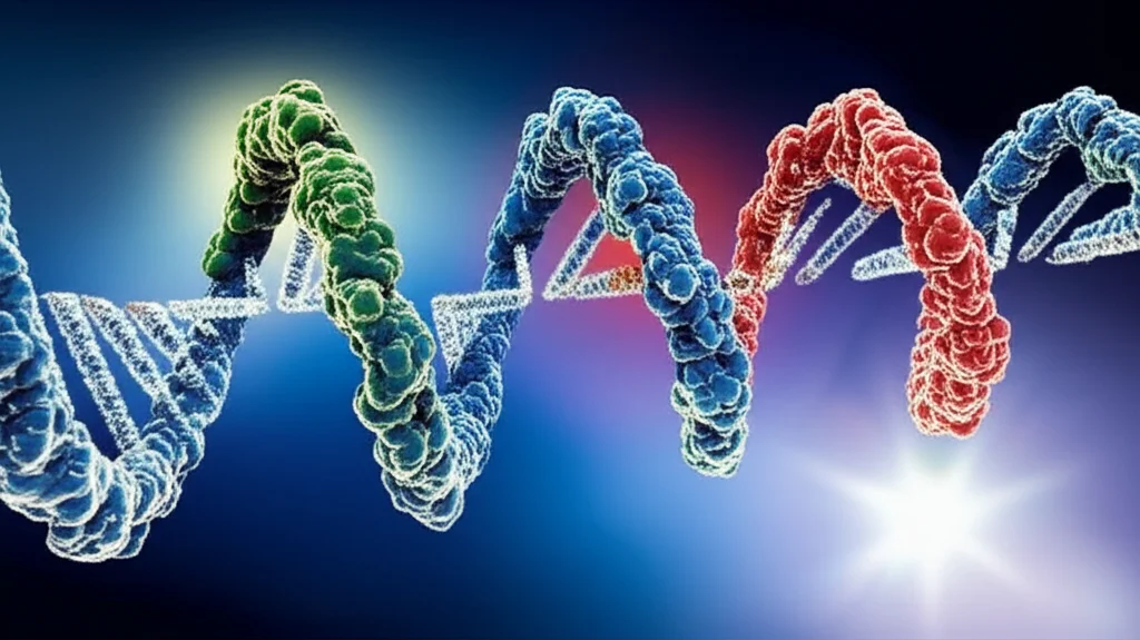 Illustrazione artistica di diverse isoforme di RNA provenienti dallo stesso gene, evidenziando le differenze strutturali, con un focus su una singola molecola di RNA che passa attraverso un nanoporo. Illuminazione drammatica, lente macro 60mm, alta definizione dei dettagli molecolari.