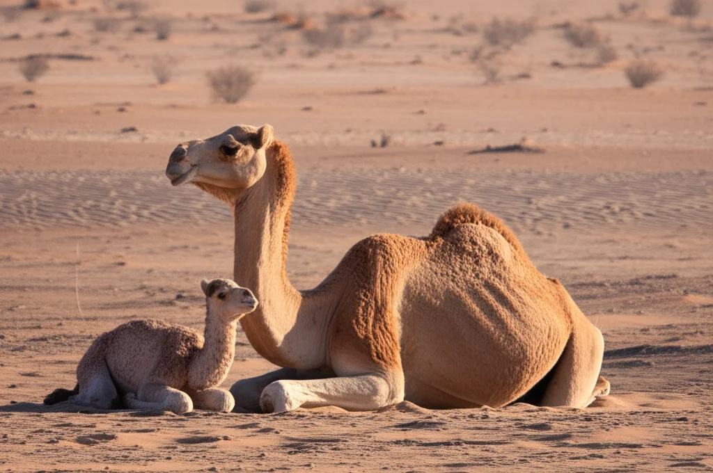 Un cucciolo di dromedario sano e vivace che si nutre avidamente dalla madre in un ambiente desertico curato, telephoto zoom 150mm, luce naturale del mattino, a simboleggiare la crescita neonatale vigorosa grazie al selenio materno.