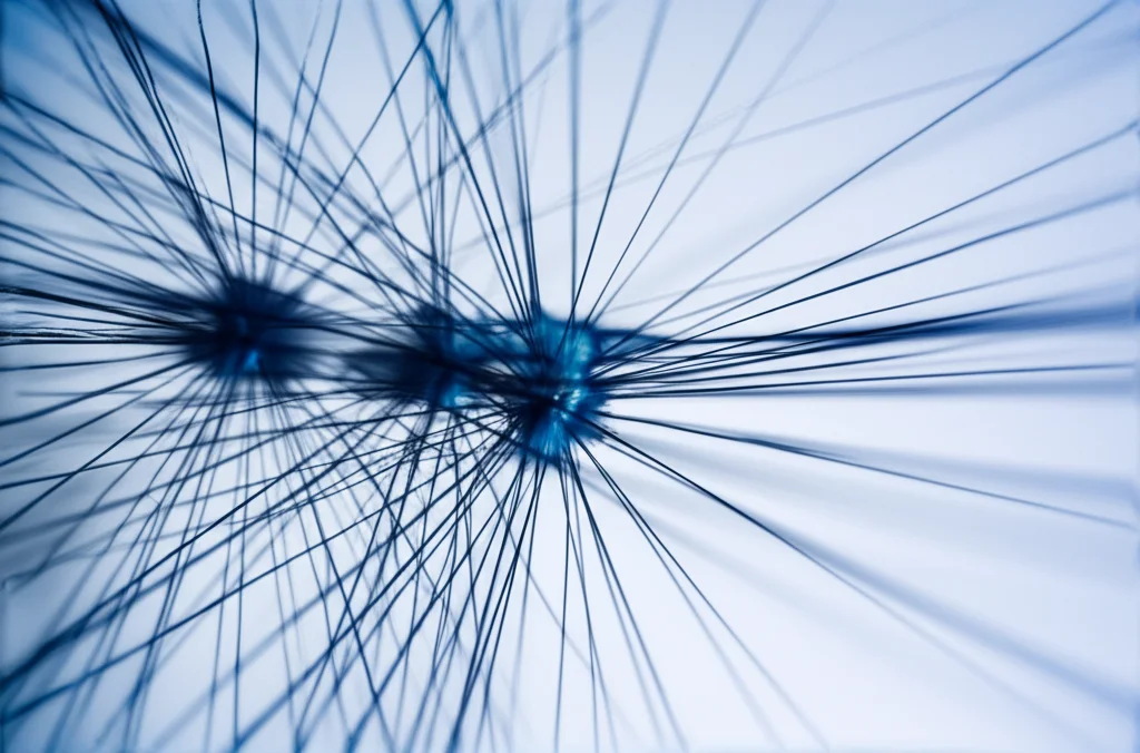 Visualizzazione astratta di un isomorfismo matematico che mappa una struttura complessa (rappresentante le matrici in [O,B]) a una struttura più semplice e ordinata (rappresentante i proiettori in tau). Utilizzare un obiettivo prime da 35mm con profondità di campo per sfocare lo sfondo e mettere a fuoco la trasformazione. Colori duotone, ad esempio blu e grigio, per un look stilizzato ma chiaro.