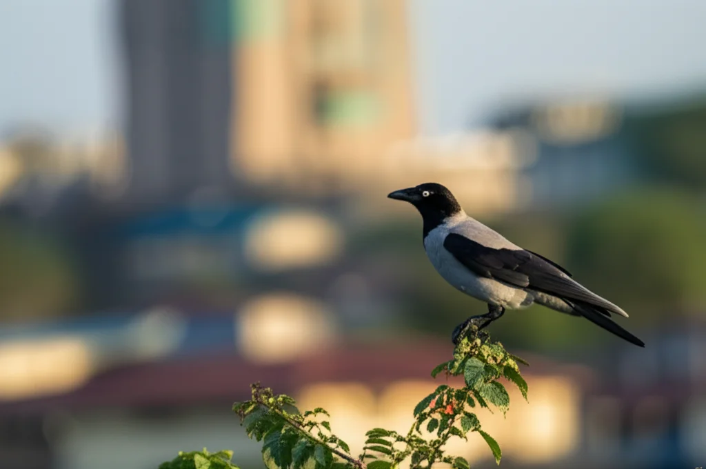 Fotografia naturalistica di un Corvo delle Case Indiano (Corvus splendens) appollaiato su un ramo in un ambiente urbano di Dodoma, Tanzania, con edifici sfocati sullo sfondo. Teleobiettivo zoom 100-400mm, scatto veloce per catturare dettagli nitidi delle piume nere e grigie dell'uccello, luce naturale del tardo pomeriggio che crea un leggero controluce.