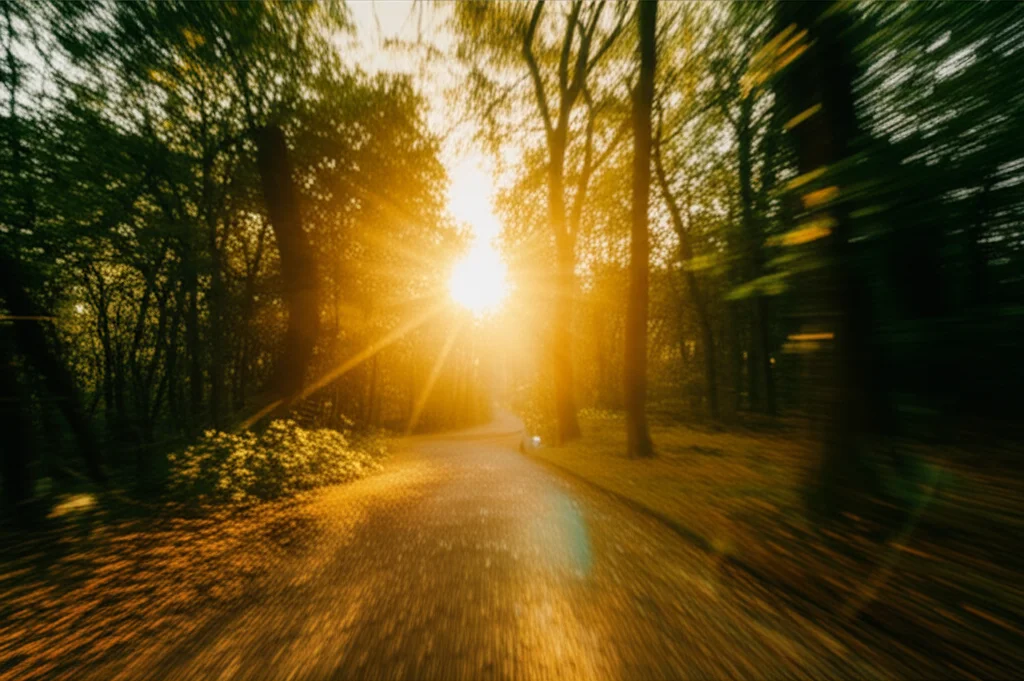 Un sentiero naturalistico che si snoda attraverso un bosco lussureggiante al tramonto, simboleggiando il percorso di recupero e speranza, wide-angle lens 24mm, luce dorata soffusa che penetra tra le foglie, sharp focus sull'intero paesaggio, long exposure per nuvole soffici.