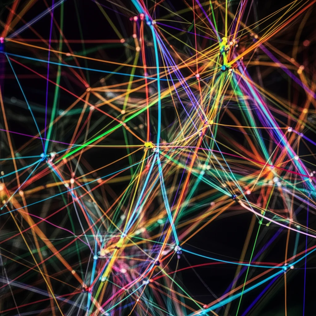 Visualizzazione astratta di reti di dati multi-omici (DNA, RNA, proteine) interconnesse, con colori vivaci su sfondo scuro. Macro lens, 80mm, high detail, precise focusing.