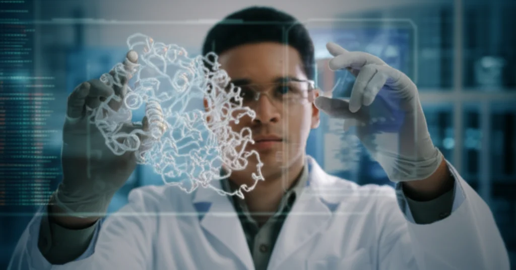 Ricercatore in laboratorio che analizza dati complessi su uno schermo olografico futuristico che mostra strutture proteiche e sequenze genetiche. Prime lens, 35mm, depth of field, illuminazione controllata.
