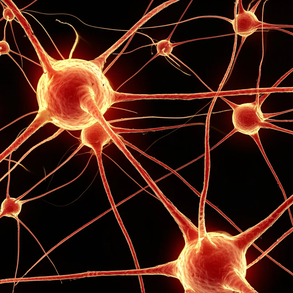 Immagine macro di neuroni danneggiati, messa a fuoco precisa, illuminazione controllata, 100mm Macro lens, che simboleggia la neurotossicità indotta dal protossido d'azoto.