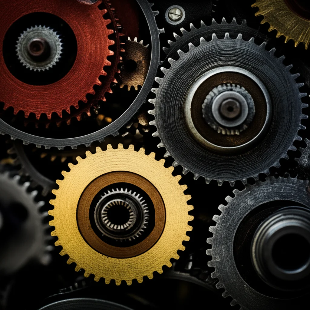 Primo piano di ingranaggi meccanici complessi che si intersecano con linee di codice digitale luminoso, macro lens, 80mm, illuminazione controllata ad alto dettaglio, a simboleggiare le sfide dell'integrazione tecnologica e dell'automazione nella trasformazione digitale.