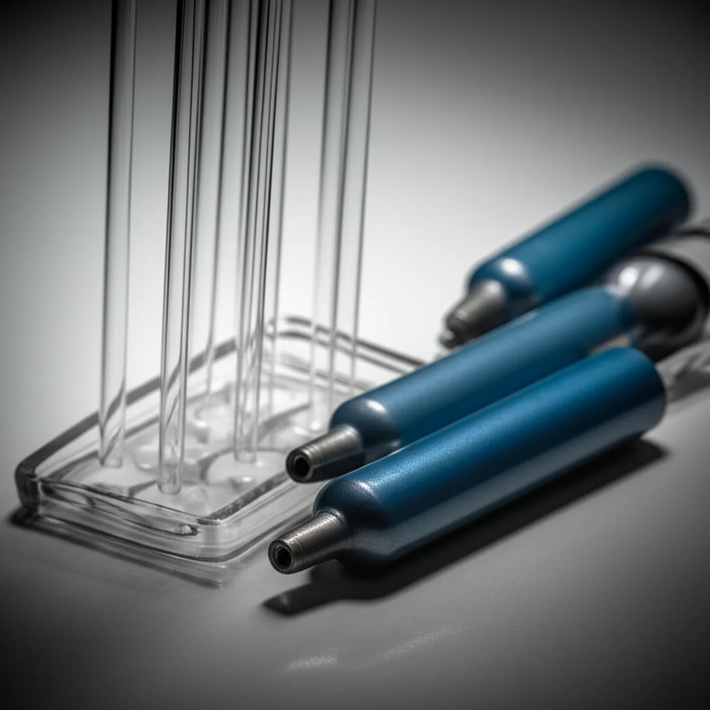 Fotografia still life di bombolette di protossido d'azoto (gas esilarante) accanto a provette da laboratorio, macro lens 80mm, alta definizione, illuminazione drammatica, a simboleggiare la diagnosi difficile dei danni neurologici.