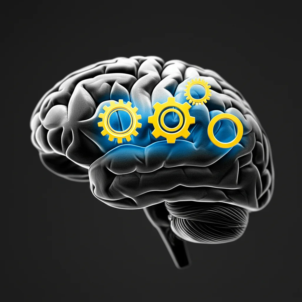 Un cervello stilizzato con ingranaggi che si illuminano, a simboleggiare i processi mentali della previsione affettiva e della tolleranza allo stress, con un effetto di profondità di campo, prime lens 35mm, bianco e nero con un accento di colore duotone (blu e giallo).