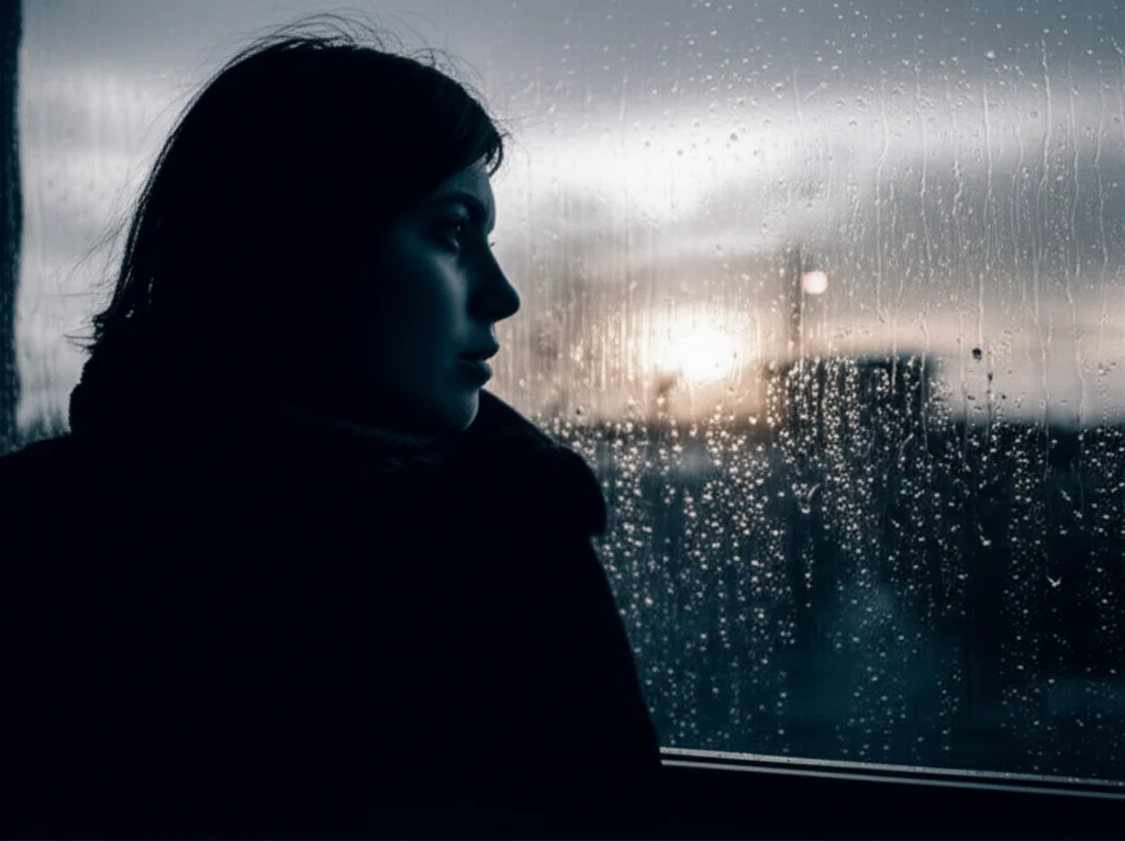 Una persona che guarda pensierosa fuori da una finestra in una giornata uggiosa, simboleggiando la previsione di una brutta giornata, mentre sullo sfondo si intravede un sole che spunta, a rappresentare la potenziale resilienza. Fotografia ritrattistica, 35mm, toni bicromatici blu e grigio, profondità di campo.